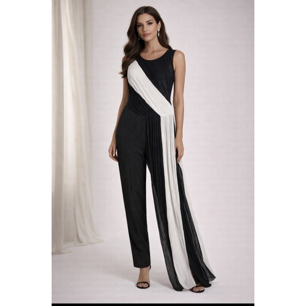 Boston Proper Black White Colorblock Jumpsuit Overlay Size 16 Evening